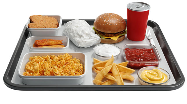 Feast Tray: A comprehensive array of fast food, encompassing burgers, sides, and refreshing beverages, neatly arranged on a tray, presenting a visually appetizing and convenient meal option.