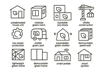 Sustainable modular housing icons with eco-friendly design elements