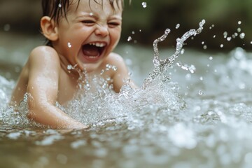Obraz premium A young child with wet hair joyfully laughs while splashing water in a shallow river, surrounded by nature and enjoying the warm sun on a beautiful day