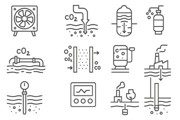 Industrial carbon capture process and equipment icons on dark background