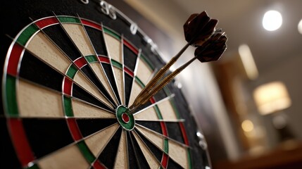 Bullseye on dartboard with two darts in low light