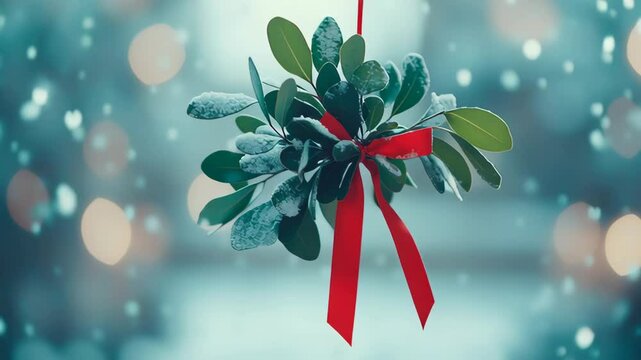 A sprig of mistletoe with a red ribbon hanging in a snow. Christmas romance and tradition concept. Footage for a holiday invitation, love story video or a seasonal greeting