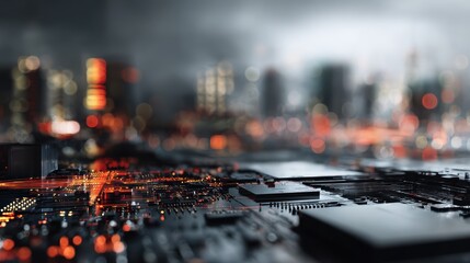 Futuristic cityscape background with blurred circuit board and orange lights