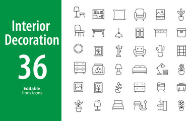 Interior Decoration Line Icons, Sofa, Lamp, Wall Art, Curtains, Rug, Bookshelf, Home Plant, and More , Editable Formats: AI, EPS, JPG, PNG , Ideal for Both Digital and Print Use

