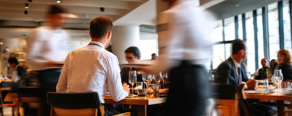 Business lunch in modern restaurant with busy waitstaff and male caucasian adult diners