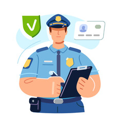 Police officer in uniform with badge. Law enforcement, representative of state security. Verification of documents