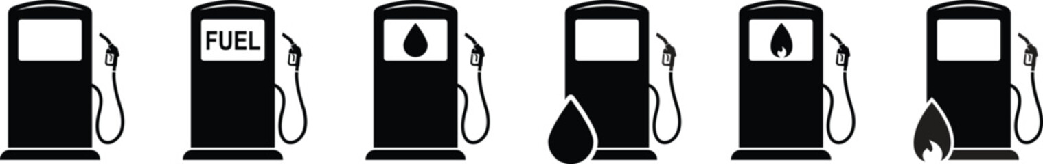 Fuel pump icon set. Gas station, Petrol pump icon signs isolated on transparent background. Refuel symbol suitable for energy, industry, and vehicle graphic design. Vector illustration.