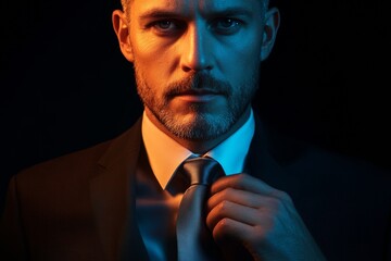 A confident businessman adjusts his tie with determination, his expression revealing focus and self-assuredness. Dramatic lighting enhances his professional presence against a dark backdrop