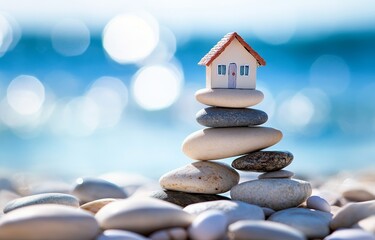 By the sea, a cottage lodge concept is illustrated with a miniature toy house and pebbles