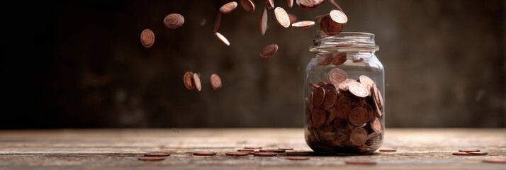 Savings Jar Filled With Flying Coins in a Rustic Setting Showcasing the Essence of Saving and Financial Goals