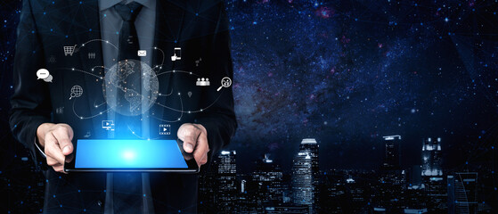 Visualization of global digital communication and online across multiple platforms, including global network, digital network, communication network, and online network. Vouch