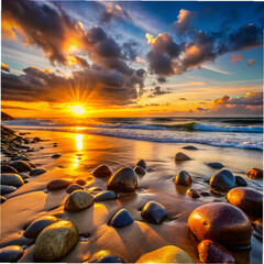 Obraz premium sunset on the beach with some rocks