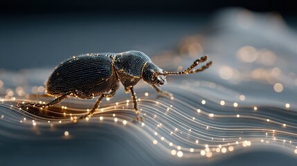   A zoomed-in image of a bed bug resting on a surface with a hazy seascape and bright lights in the foreground