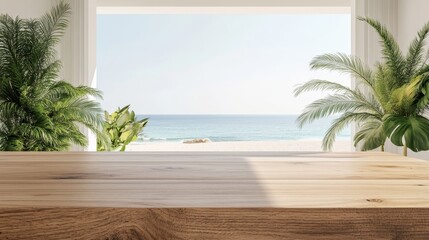 The interior of a modern beach house or luxury pool villa is depicted in a 3D rendering, featuring a bright dining room with an empty table, a lounge chair, and a terrace, all set against a stunning