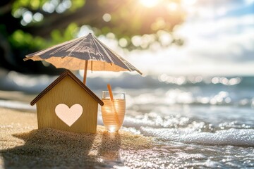 The image depicts a miniature beach house and umbrella on the shore, with a blurred blue sea and sky in the background, conveying the idea of a family vacation home, related to real estate, sales, or