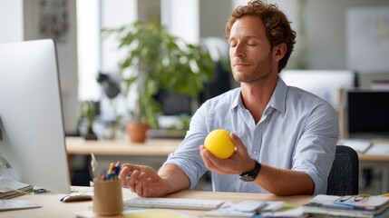 Caucasian male adult practicing mindfulness with stress ball in office setting