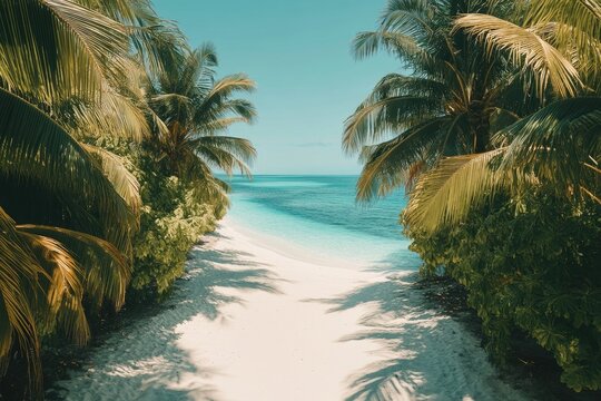 Lush palm trees frame a path of white sand leading to the clear turquoise ocean under a bright sky.
