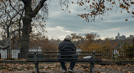 Solitary Moment on Park Bench with Autumn Leaves and City Skyline View
