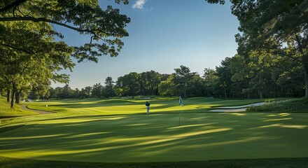 Obraz premium Serene Golf Course Landscape with Lush Greenery and Clear Blue Sky