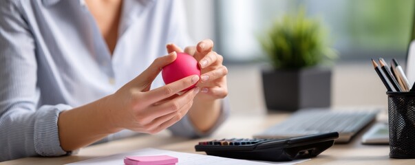 Female adult using stress ball at workplace desk with calculator and stationery