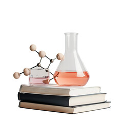 Chemistry Experiment Setup: A clear Erlenmeyer flask filled with a pink liquid sits alongside a molecular model and a stack of books, representing scientific research and discovery.