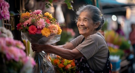 Elderly Woman Joyfully Holding a Vibrant Bouquet at a Flower Market Stall