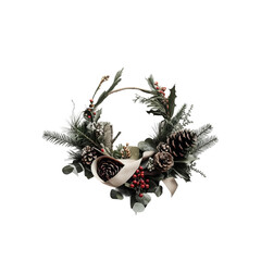 Festive Wreath: A close-up shot of a stunning, festive wreath adorned with evergreen foliage, pinecones, and berries, creating a warm and inviting ambiance.