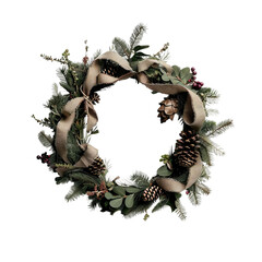 Festive Wreath: A beautifully crafted wreath, adorned with natural evergreen foliage, pine cones, and a rustic ribbon, evokes a sense of warmth and holiday cheer.