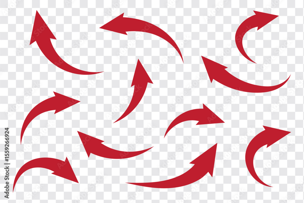 Poster set of long red curve arrow icon vector . red curve arrow icon set. long arrow icon set. curve arrow