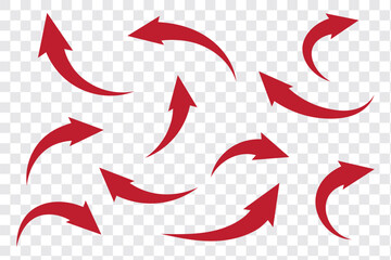 Obraz premium Set of long red curve arrow icon vector . red curve arrow icon set. long arrow icon set. curve arrow vector illustration. Curved or arch arrow icon isolated.