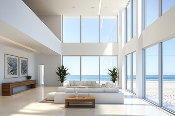 Inside a vacation home or villa is a summer beach house with furniture, including a living room that overlooks the ocean