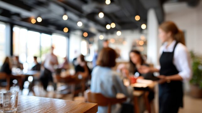 Busy cafe scene with blurred customers and waitstaff interaction