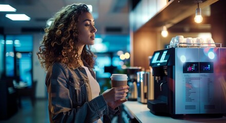 Young Woman Enjoying Evening Coffee at a Modern Café with Bright Lighting
