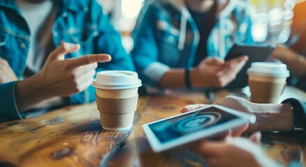 Casual Meeting Over Coffee with Digital Devices in a Cozy Cafe Setting