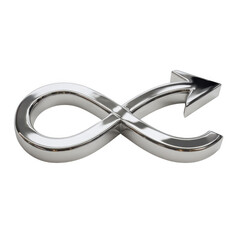 A 3d rendering of a chrome infinity symbol with an arrow, isolated on transparent background