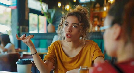 Young Woman Engaging in a Lively Conversation in a Cozy Cafeteria Setting