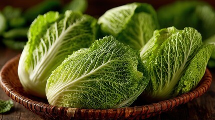Savoy cabbages sit in a woven basket on a wooden table, highlighting the fresh produce and rustic charm of a harvest display