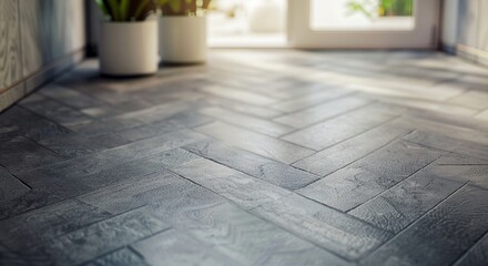 Sunlit Chevron Patterned Wooden Floor with Potted Plants by Window