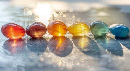 Vibrant Rainbow Gemstones Aligned on Reflective Surface Illuminated by Sunlight