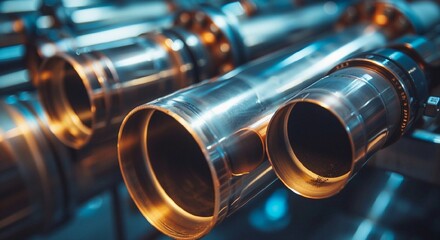 Shiny Industrial Metal Pipes with Blue and Gold Accents in a Modern Factory Setting