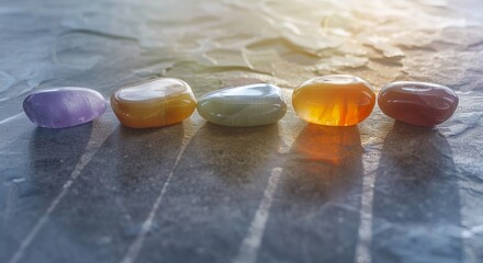 Colorful Polished Gemstones on Textured Surface with Natural Light