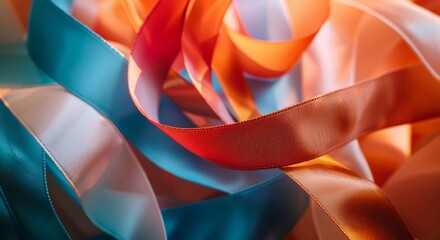 Vibrant Satin Ribbons in Orange, Blue, and Red with Soft Lighting