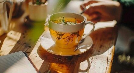 Warm Herbal Tea with Rosemary in Sunlit Setting for Relaxation and Comfort