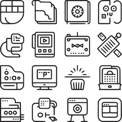 A collection of sixteen black and white line art icons arranged in a four by four grid pattern