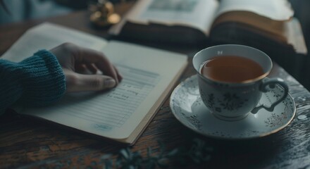 Cozy Afternoon with a Cup of Tea and an Open Book on a Wooden Table