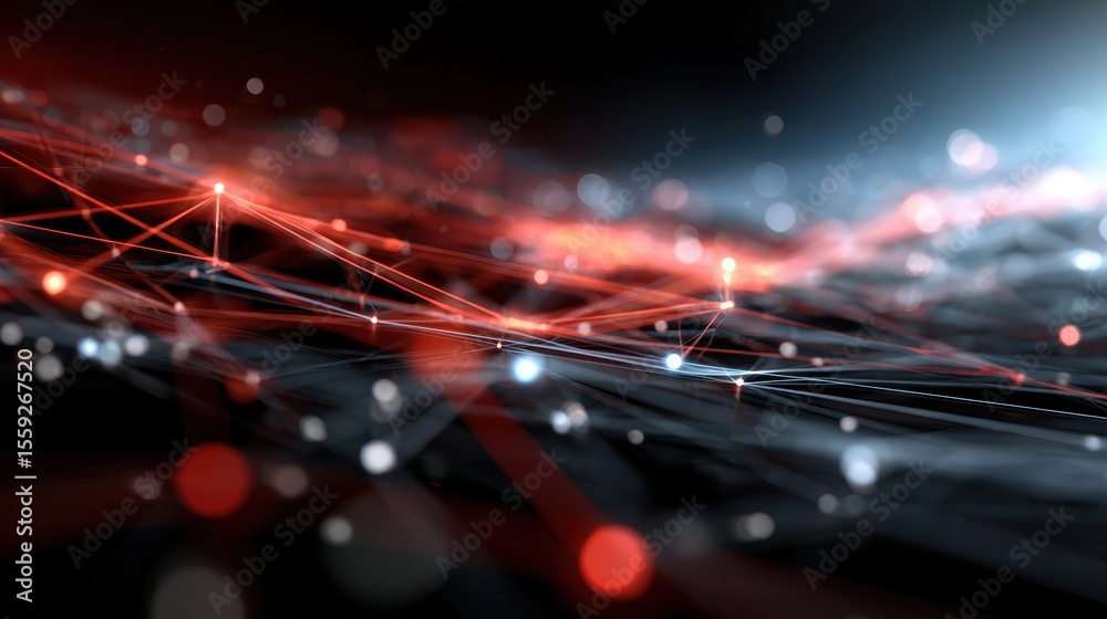 Wall mural digital network: abstract red and white light connection on dark background