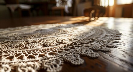Intricate Lace Doily on Sunlit Wooden Table