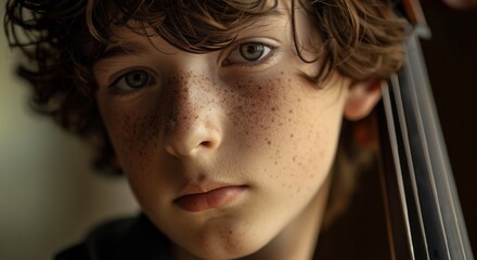 Portrait of a Young Musician with Freckles and Cello