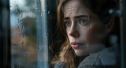 Pensive Woman Gazing Out Rain-Soaked Window in Contemplation