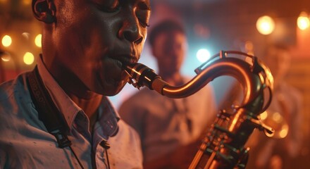 Musician Playing Saxophone in Vibrant Jazz Club Setting